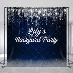 Aperturee - Aperturee Elegant Dark Blue Silver Glitter Personalized Custom Backdrop with String Lights Party Celebration Decor