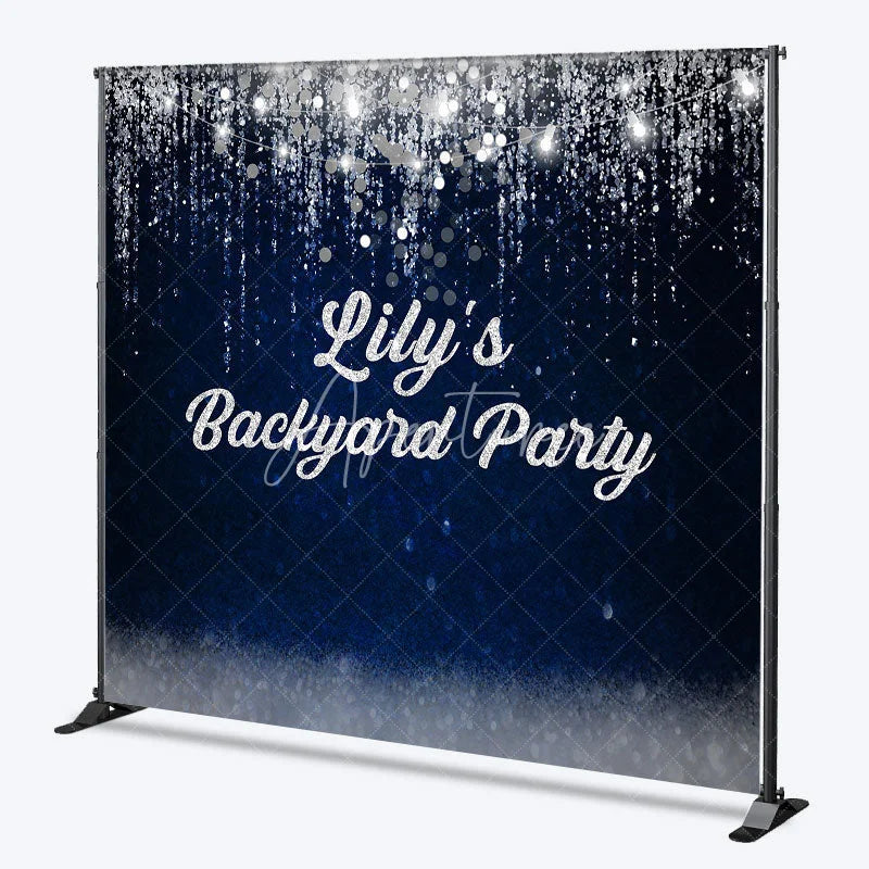 Aperturee - Aperturee Elegant Dark Blue Silver Glitter Personalized Custom Backdrop with String Lights Party Celebration Decor