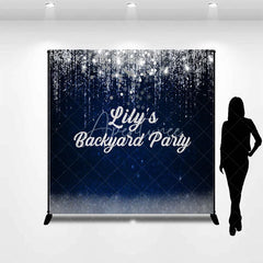 Aperturee - Aperturee Elegant Dark Blue Silver Glitter Personalized Custom Backdrop with String Lights Party Celebration Decor