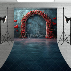Aperturee - Aperturee Elegant Dark Blue Textured Wall Sweep Backdrop featuring Red Floral Arch and Floating Hearts for Romance