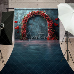 Aperturee - Aperturee Elegant Dark Blue Textured Wall Sweep Backdrop featuring Red Floral Arch and Floating Hearts for Romance