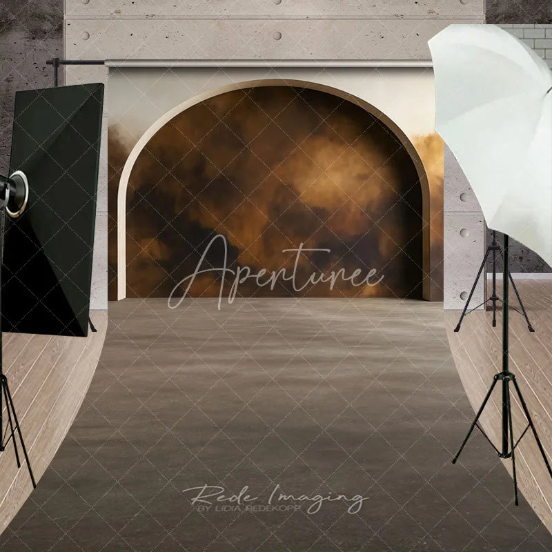 Aperturee - Aperturee Elegant Dark Brown and Gold Abstract Arched Alcove Sweep Backdrop Old Master Style Portrait Photography