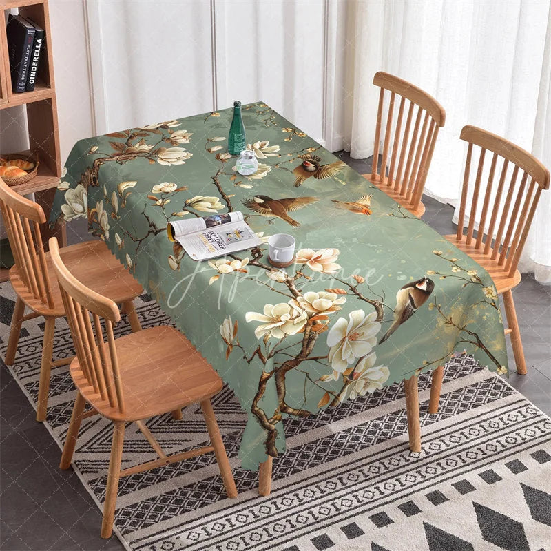 Aperturee - Aperturee Elegant Dark Green Rectangle Tablecloth with Magnolia Flowers and Birds Scalloped Edge Dining Decor