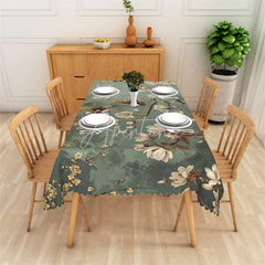 Aperturee - Aperturee Elegant Dark Green Rectangle Tablecloth with Magnolia Flowers and Birds Scalloped Edge Dining Decor