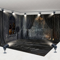 Aperturee - Aperturee Elegant Dark Room Set Backdrop Black Curtains Chandelier Vintage City Window Wooden Floor Photography Background