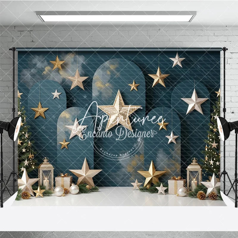 Aperturee - Aperturee Elegant Dark Teal Holiday Backdrop with Christmas Trees Gold and Silver Stars Festive Lanterns and Gift Boxes.