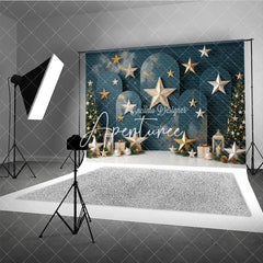 Aperturee - Aperturee Elegant Dark Teal Holiday Backdrop with Christmas Trees Gold and Silver Stars Festive Lanterns and Gift Boxes.
