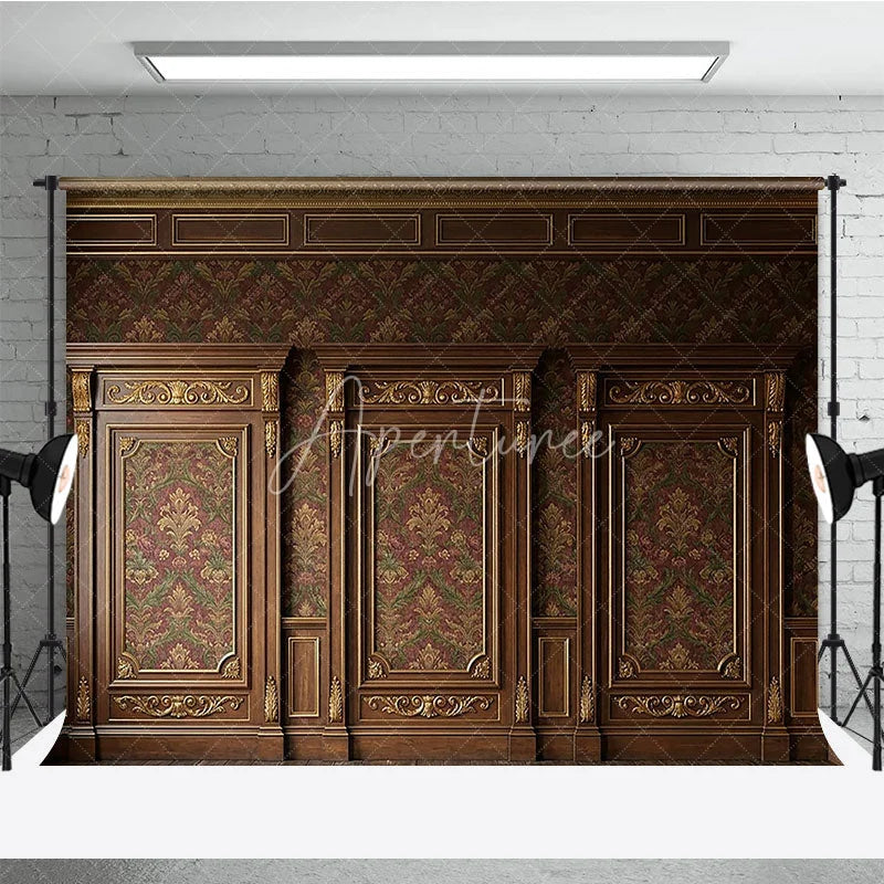 Aperturee - Aperturee Elegant Dark Wood Gold Ornate Damask Photography Backdrop Classic Red Green Pattern Wall Decor for Portraits