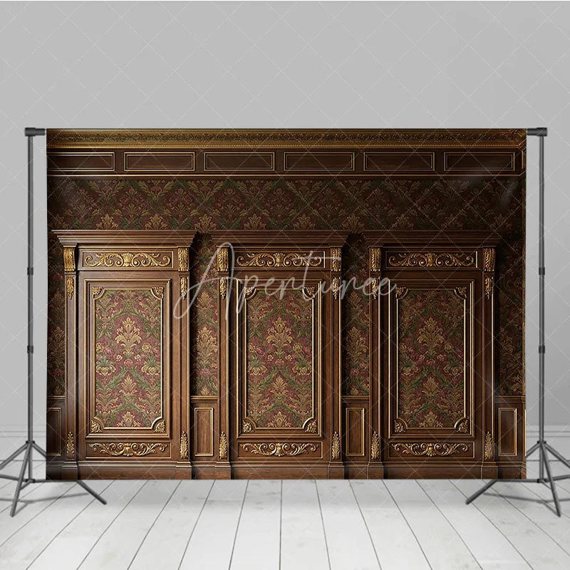 Aperturee - Aperturee Elegant Dark Wood Gold Ornate Damask Photography Backdrop Classic Red Green Pattern Wall Decor for Portraits