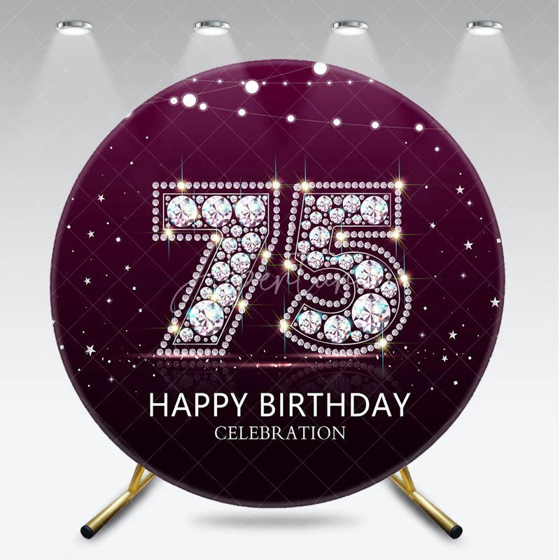 Aperturee - Aperturee Elegant Diamond 75th Birthday Round Backdrop Sparkling Purple Happy Birthday Celebration Decor