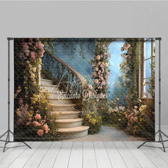 Aperturee - Aperturee Elegant Enchanted Garden Curved Staircase Floral Photography Backdrop Romantic Wedding and Portrait Scene