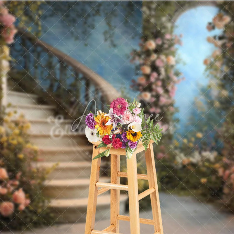 Aperturee - Aperturee Elegant Enchanted Garden Curved Staircase Floral Photography Backdrop Romantic Wedding and Portrait Scene