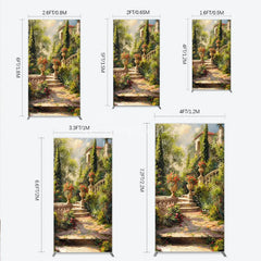 Aperturee - Aperturee Elegant European Garden Rectangle Arch Backdrop with Stone Staircase Blooming Flowers and Classical Architecture