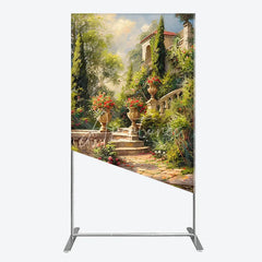 Aperturee - Aperturee Elegant European Garden Rectangle Arch Backdrop with Stone Staircase Blooming Flowers and Classical Architecture