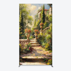Aperturee - Aperturee Elegant European Garden Rectangle Arch Backdrop with Stone Staircase Blooming Flowers and Classical Architecture