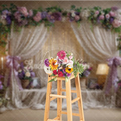 Aperturee - Aperturee Elegant Floral Arch and Draped Sheer Curtains Photography Backdrop Romantic Lavender and Pink Wedding Party Decor