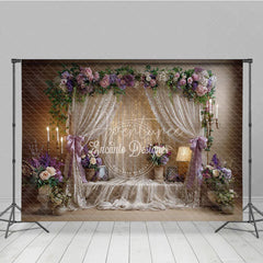 Aperturee - Aperturee Elegant Floral Arch and Draped Sheer Curtains Photography Backdrop Romantic Lavender and Pink Wedding Party Decor