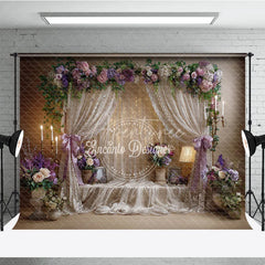 Aperturee - Aperturee Elegant Floral Arch and Draped Sheer Curtains Photography Backdrop Romantic Lavender and Pink Wedding Party Decor