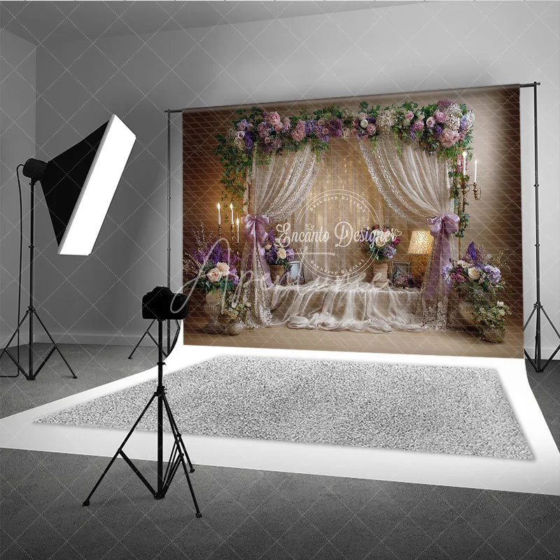 Aperturee - Aperturee Elegant Floral Arch and Draped Sheer Curtains Photography Backdrop Romantic Lavender and Pink Wedding Party Decor