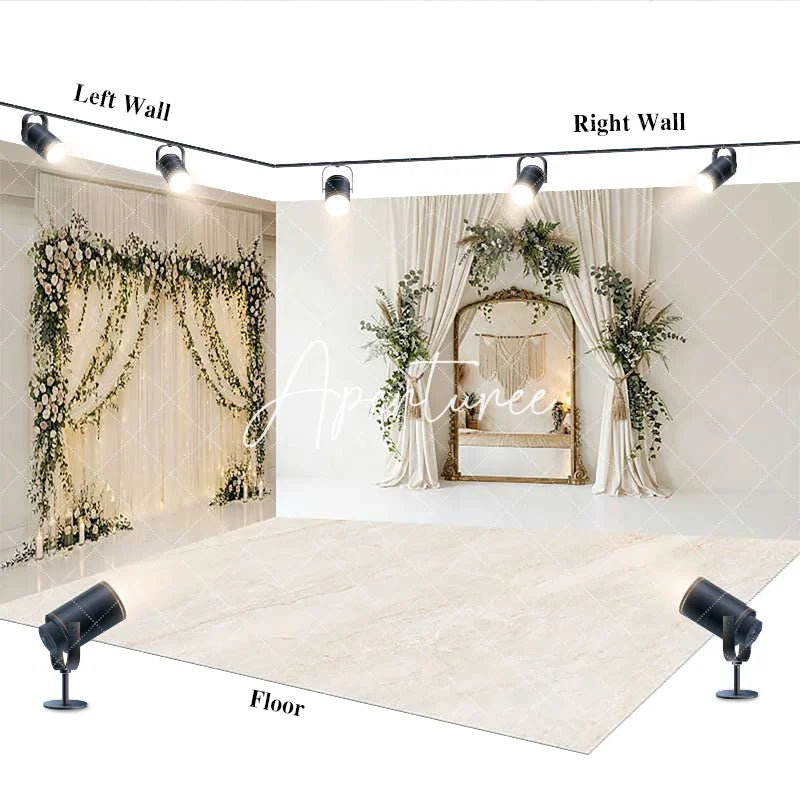 Aperturee - Aperturee Elegant Floral Arch and Gold Mirror Room Set Backdrop Bohemian Wedding Party Photography Decor