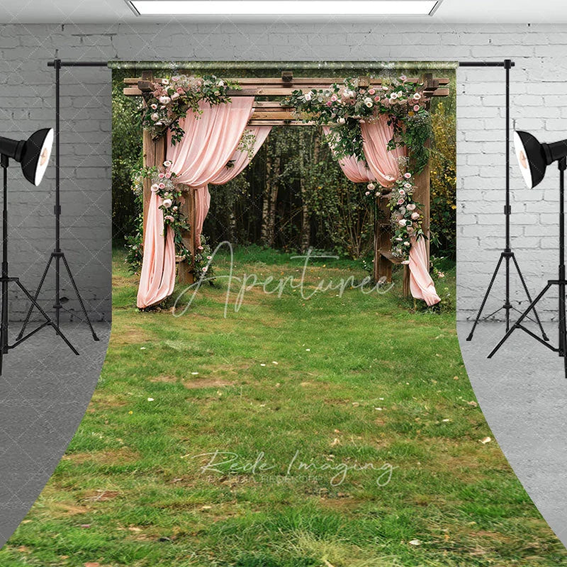 Aperturee - Aperturee Elegant Floral Arch Backdrop Pink Draped Curtains and Garden Gazebo Romantic Wedding Ceremony Scene