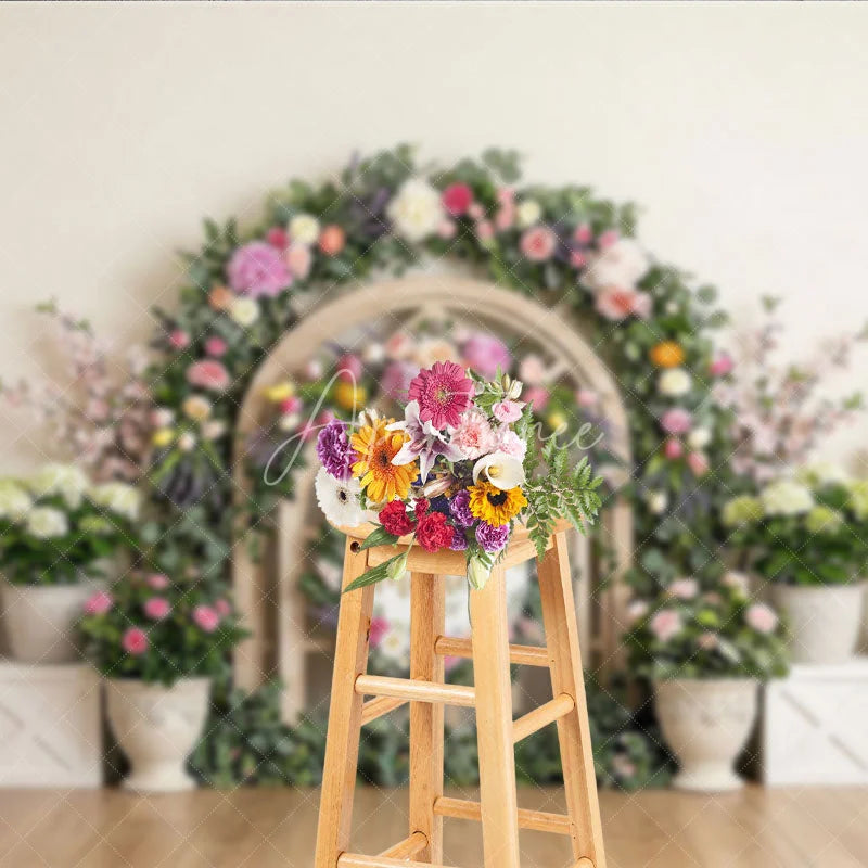 Aperturee - Aperturee Elegant Floral Arch Photography Backdrop with Happy Mother’s Day Sign Spring Pastel Flowers and Wooden Lattice Decor