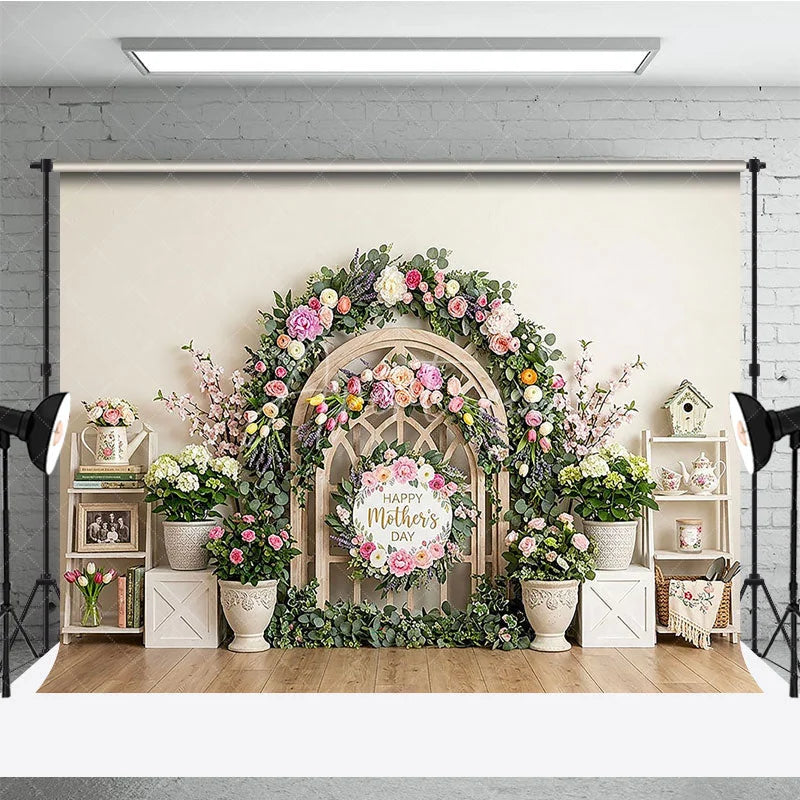 Aperturee - Aperturee Elegant Floral Arch Photography Backdrop with Happy Mother’s Day Sign Spring Pastel Flowers and Wooden Lattice Decor