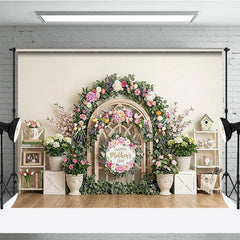 Aperturee - Aperturee Elegant Floral Arch Photography Backdrop with Happy Mother’s Day Sign Spring Pastel Flowers and Wooden Lattice Decor