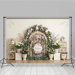 Aperturee - Aperturee Elegant Floral Arch Photography Backdrop with Happy Mother’s Day Sign Spring Pastel Flowers and Wooden Lattice Decor