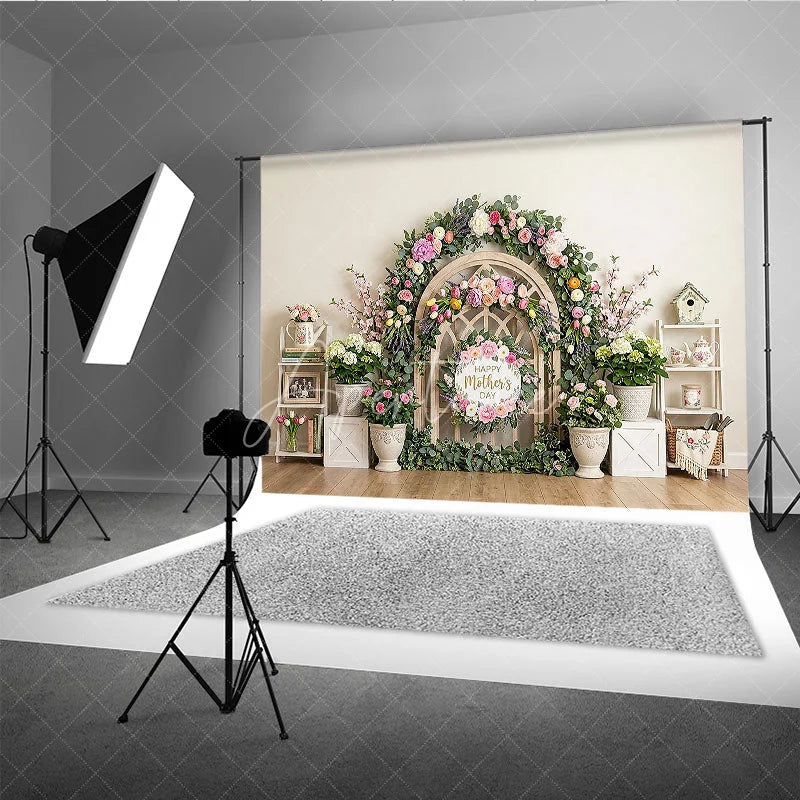 Aperturee - Aperturee Elegant Floral Arch Photography Backdrop with Happy Mother’s Day Sign Spring Pastel Flowers and Wooden Lattice Decor