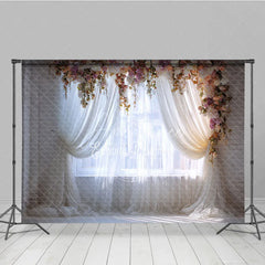Aperturee - Aperturee Elegant Floral Arch Window Photography Backdrop Romantic Sheer Curtain and White Brick Wall Decor for Portraits