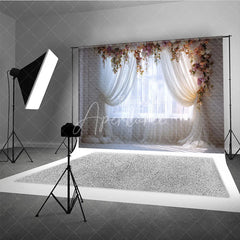 Aperturee - Aperturee Elegant Floral Arch Window Photography Backdrop Romantic Sheer Curtain and White Brick Wall Decor for Portraits