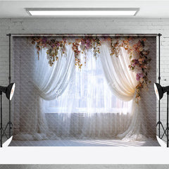 Aperturee - Aperturee Elegant Floral Arch Window Photography Backdrop Romantic Sheer Curtain and White Brick Wall Decor for Portraits