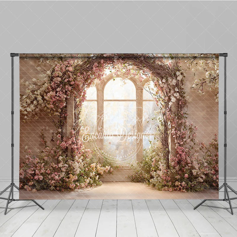 Aperturee - Aperturee Elegant Floral Arch with Window Photography Backdrop Romantic Garden Party Decor