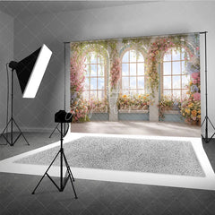 Aperturee - Aperturee Elegant Floral Arched Window Photography Backdrop with City View Romantic Garden Party Decor for Spring and Summer