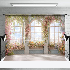 Aperturee - Aperturee Elegant Floral Arched Window Photography Backdrop with City View Romantic Garden Party Decor for Spring and Summer