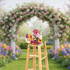 Aperturee - Aperturee Elegant Floral Archway Photography Backdrop with Pink Roses Colorful Tulips and Garden Path