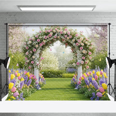 Aperturee - Aperturee Elegant Floral Archway Photography Backdrop with Pink Roses Colorful Tulips and Garden Path