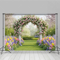 Aperturee - Aperturee Elegant Floral Archway Photography Backdrop with Pink Roses Colorful Tulips and Garden Path