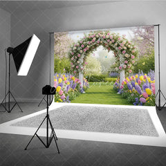 Aperturee - Aperturee Elegant Floral Archway Photography Backdrop with Pink Roses Colorful Tulips and Garden Path