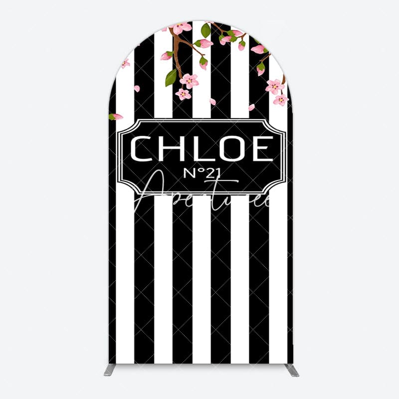 Aperturee - Aperturee Elegant Floral Black White Stripe Arch Backdrop