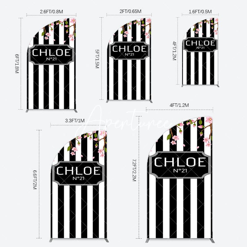Aperturee - Aperturee Elegant Floral Black White Stripe Half Moon Arch Backdrop