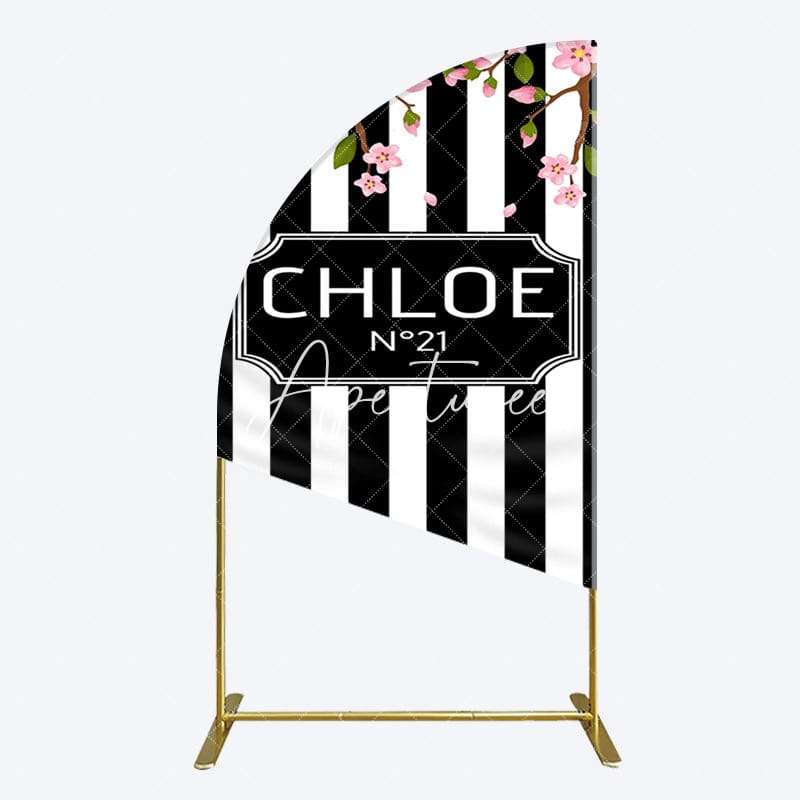Aperturee - Aperturee Elegant Floral Black White Stripe Half Moon Arch Backdrop