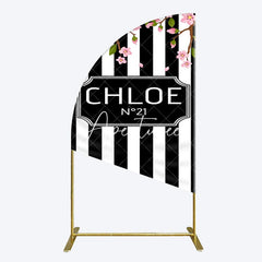 Aperturee - Aperturee Elegant Floral Black White Stripe Half Moon Arch Backdrop