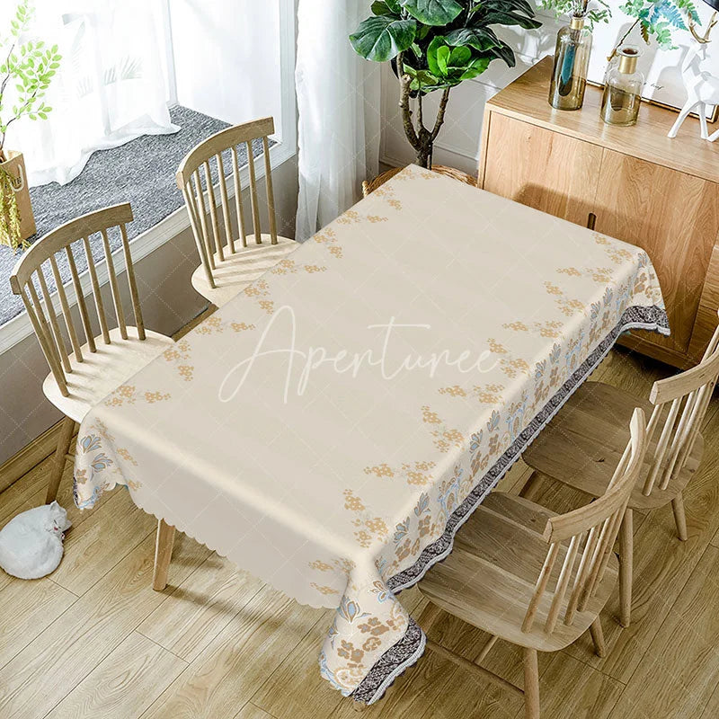 Aperturee - Aperturee Elegant Floral Border Rectangle Tablecloth Blue Brown Flower Beige Center Simple Dining Table Cover Wedding Decoration