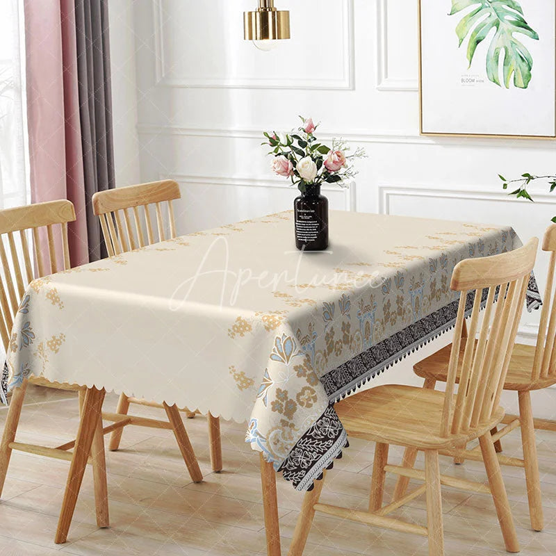 Aperturee - Aperturee Elegant Floral Border Rectangle Tablecloth Blue Brown Flower Beige Center Simple Dining Table Cover Wedding Decoration
