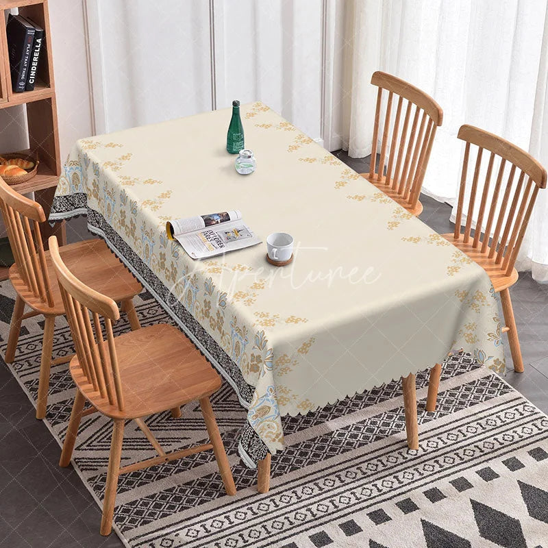 Aperturee - Aperturee Elegant Floral Border Rectangle Tablecloth Blue Brown Flower Beige Center Simple Dining Table Cover Wedding Decoration