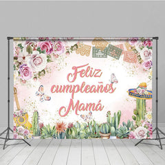 Aperturee - Aperturee Elegant Floral Cactus Feliz Cumpleanos Mama Backdrop