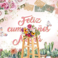 Aperturee - Aperturee Elegant Floral Cactus Feliz Cumpleanos Mama Backdrop