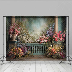 Aperturee - Aperturee Elegant Floral Garden Photography Backdrop Columns and Romantic Balustrade for Weddings and Portraits